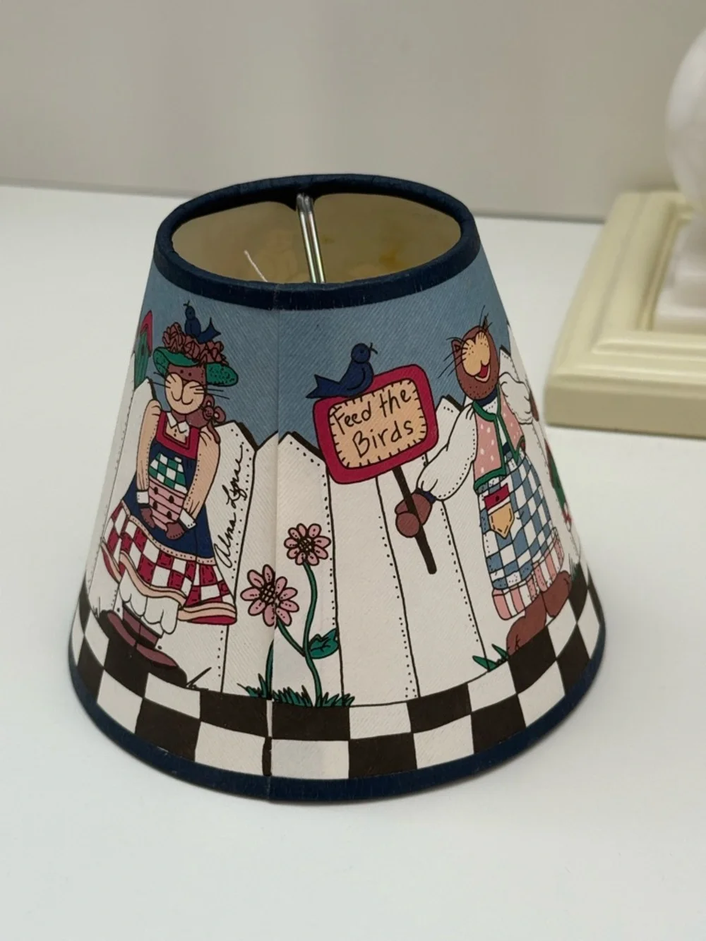 Vintage Alma Lynne Cats Blue and White Folk Art Clip On Lamp Shade